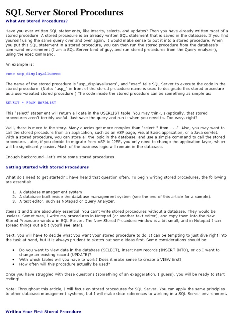 SQL Server Stored Procedures | PDF | Microsoft Sql Server | Sql