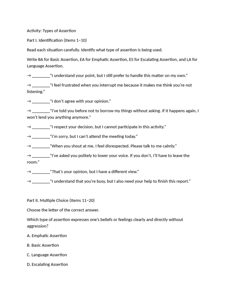Activity Types of Assertion | PDF | Psychological Concepts | Psychology