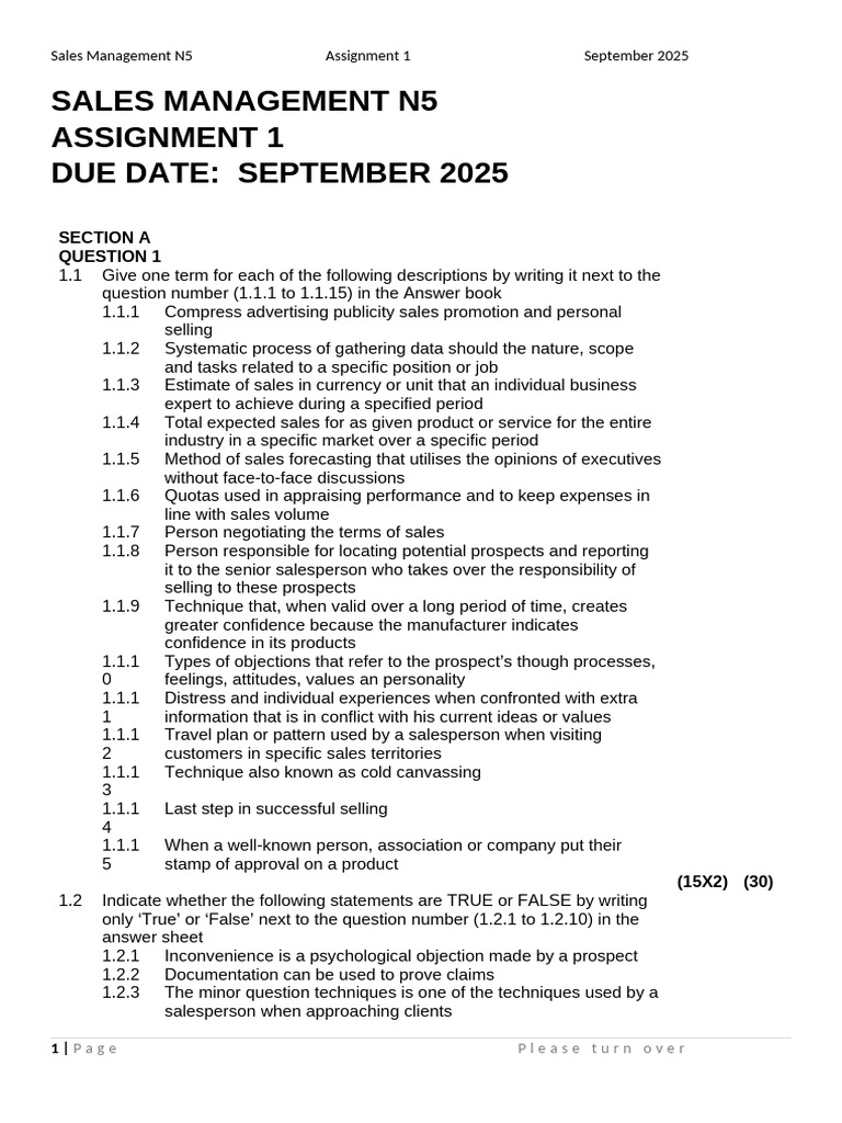 Sales Management N5 Assignment Guide | PDF | Sales