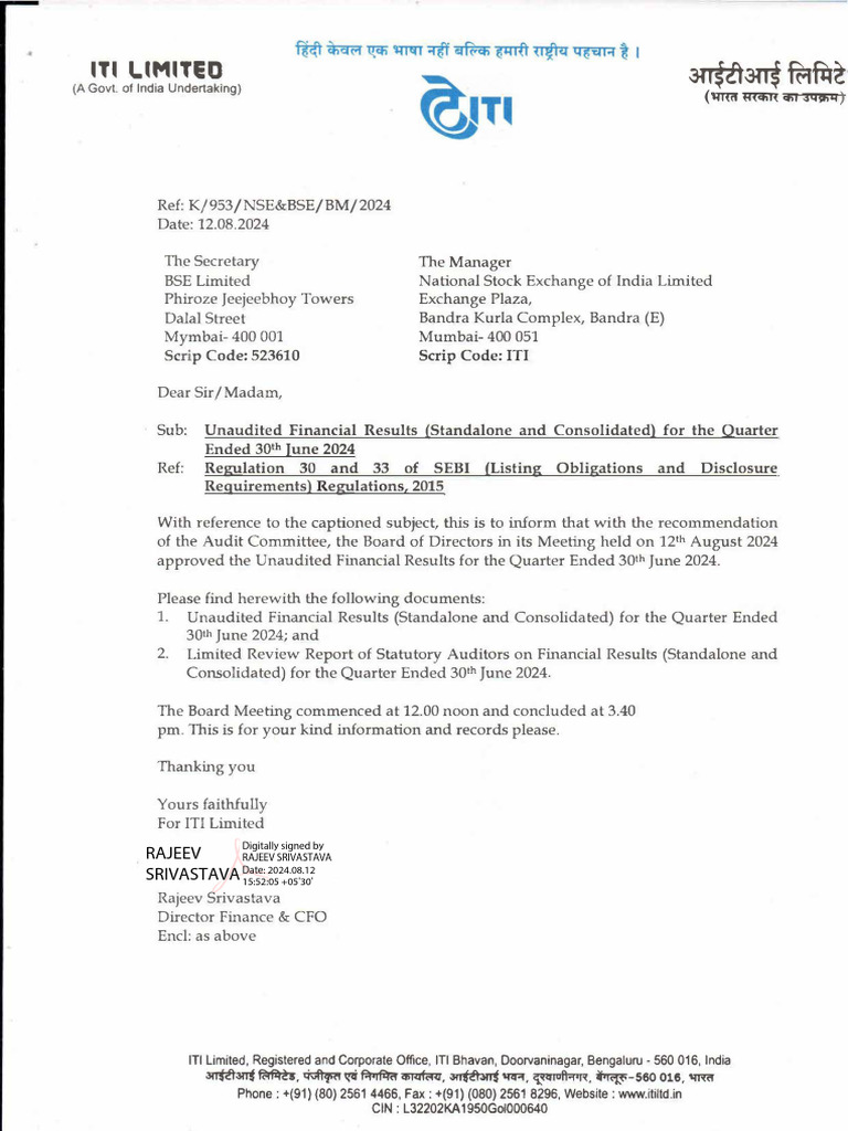 ITI Limited Q2 2024 Financial Results | PDF | Corporate Governance ...
