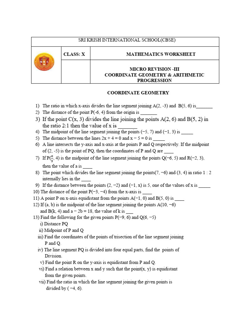 Coordinate Geometry and Arithmetic Progression Worksheet | PDF ...