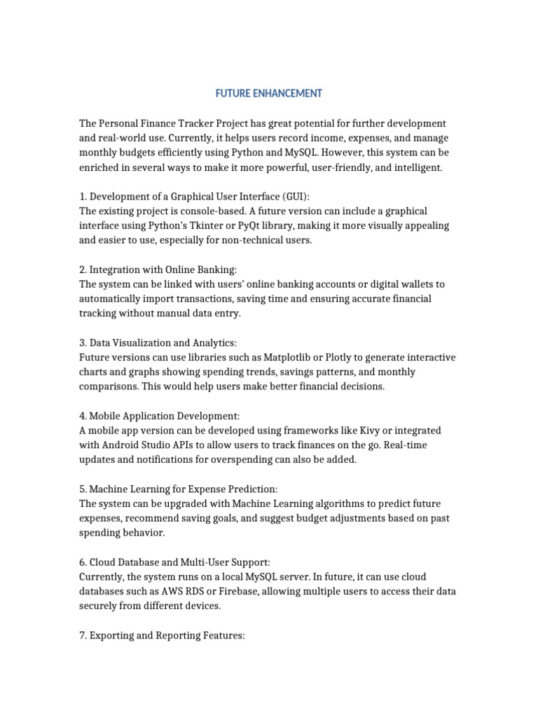 Future Enhancement Personal Finance Tracker | PDF | Databases | My Sql
