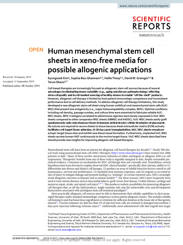Human Mesenchymal Stem Cell Sheets in Xeno-Free Me | PDF | Cell Therapy ...
