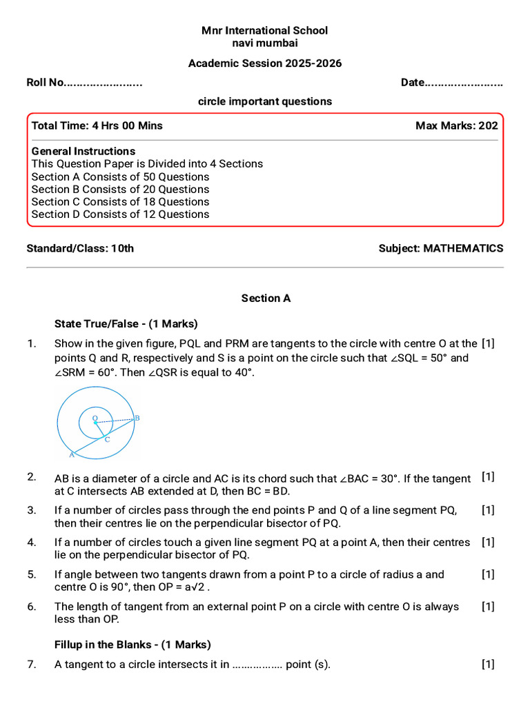 Class 10 Mathematics Question Paper | PDF | Circle | Perpendicular