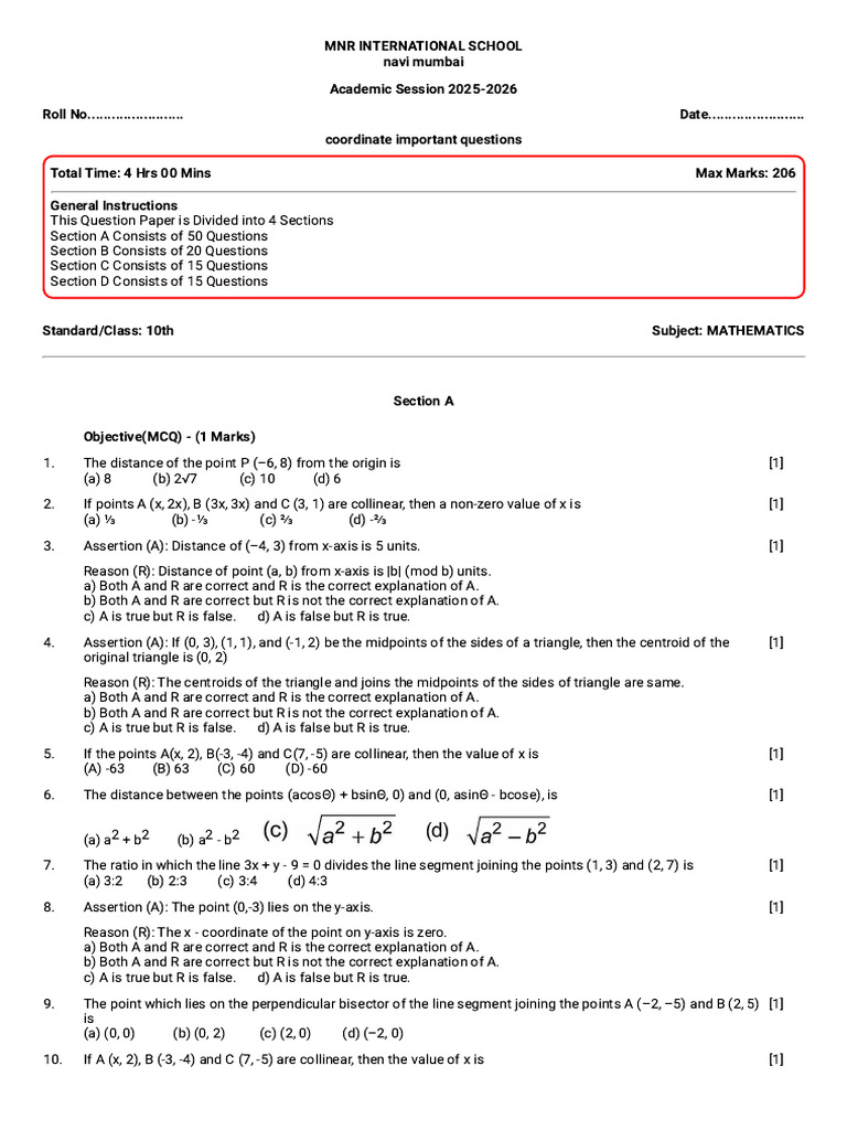 Class 10 Mathematics Question Paper 2025 | PDF | Triangle | Area