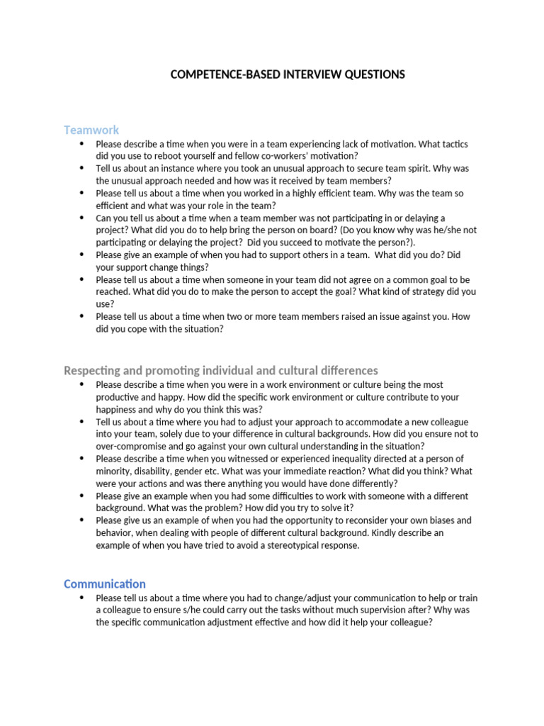Competence-Based Interview Questions Guide | PDF | Communication ...
