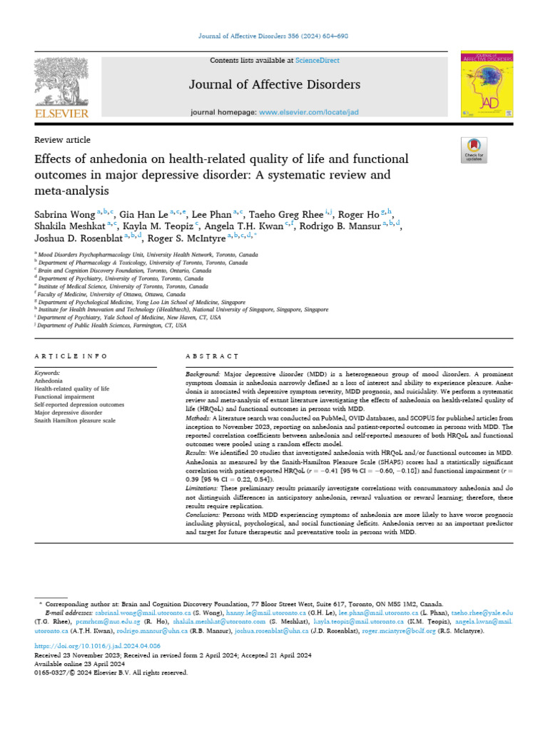 Anhedonia's Impact on MDD Outcomes | PDF | Major Depressive Disorder ...