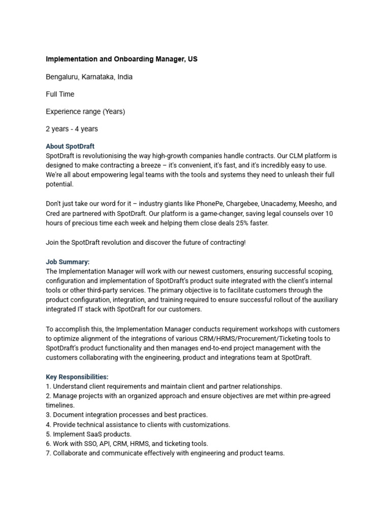 Implementation Manager Job at SpotDraft | PDF | Customer Relationship ...