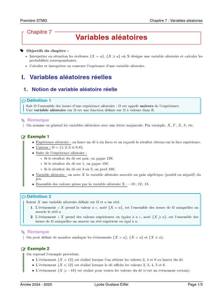 Variables aléatoires en STMG | PDF | Variable aléatoire | Théorie ...