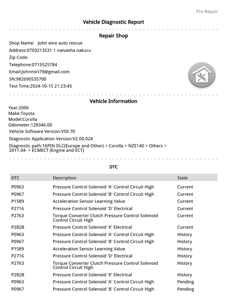 Toyota Corolla Diagnostic Report 2024 | PDF