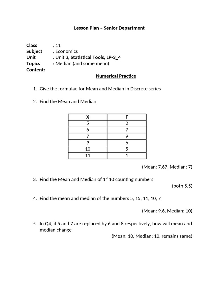 LP Class11 Eco Stats Median3 4 | PDF | Median | Mean