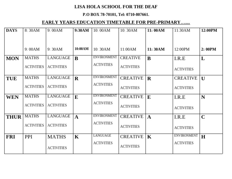 Pre-Primary Education Timetable | PDF