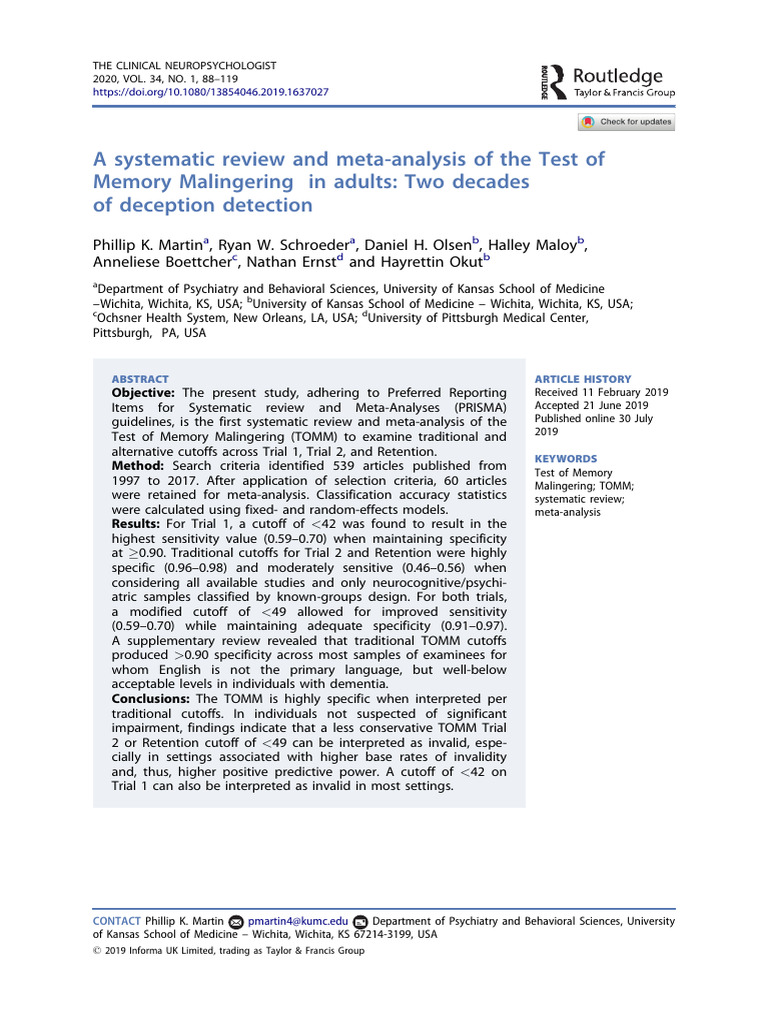 TOMM Systematic Review & Meta-Analysis | PDF | Systematic Review | Meta ...