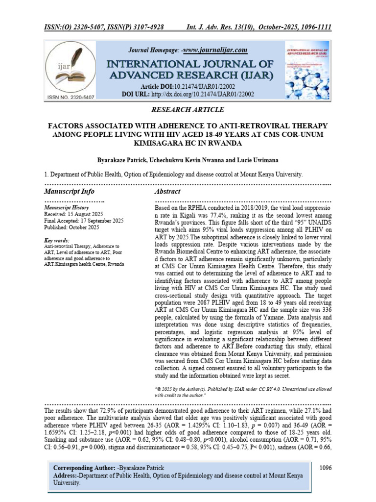 Factors Associated With Adherence To Anti-Retroviral Therapy Among ...