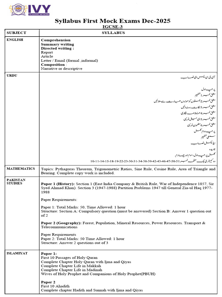 IGCSE 3 Mock Exam Syllabus Dec 2025 | PDF | Hadith