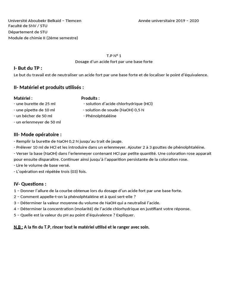 Dosage acide-base en chimie expérimentale | PDF | Hydroxyde de sodium ...