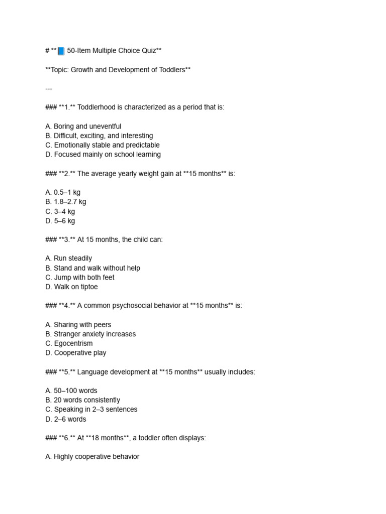 Sample Quiz About Toddler (Maternal) | PDF | Toddler | Behavioural Sciences