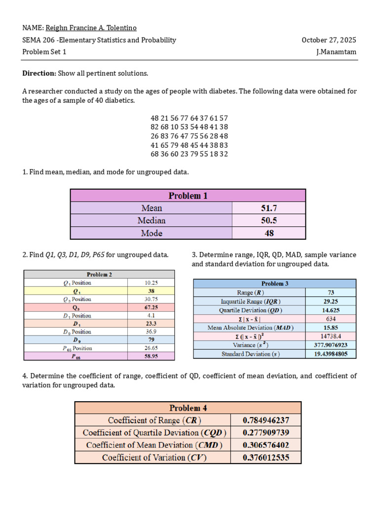 Diabetes Age Statistics Problem Set | PDF