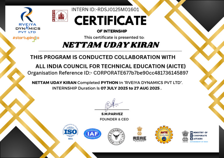 Python Internship Certificate - Nettam Uday Kiran | PDF
