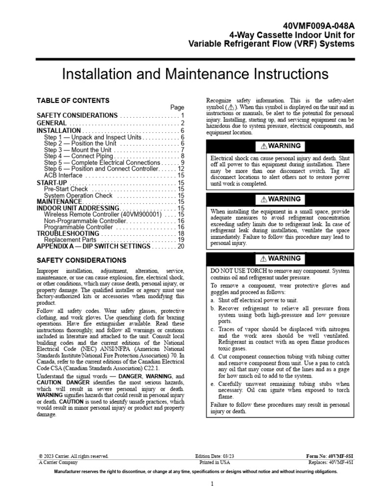 Carrier 40VMF Indoor Unit Manual | PDF | Electrical Wiring | Pipe ...