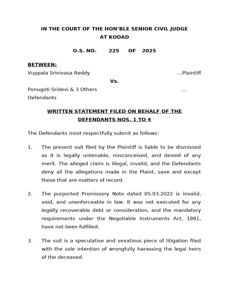 Defendants' Written Statement in O.S. 225/2025 | PDF | Lawsuit | Defamation