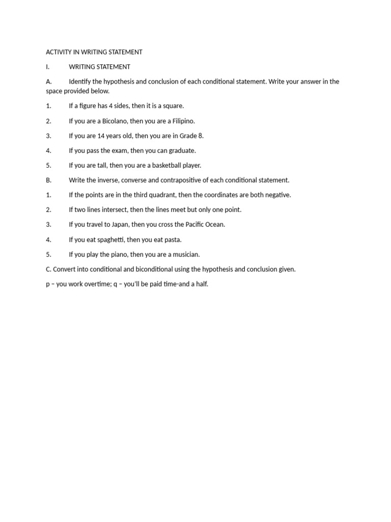 Activity in Writing Statement | PDF