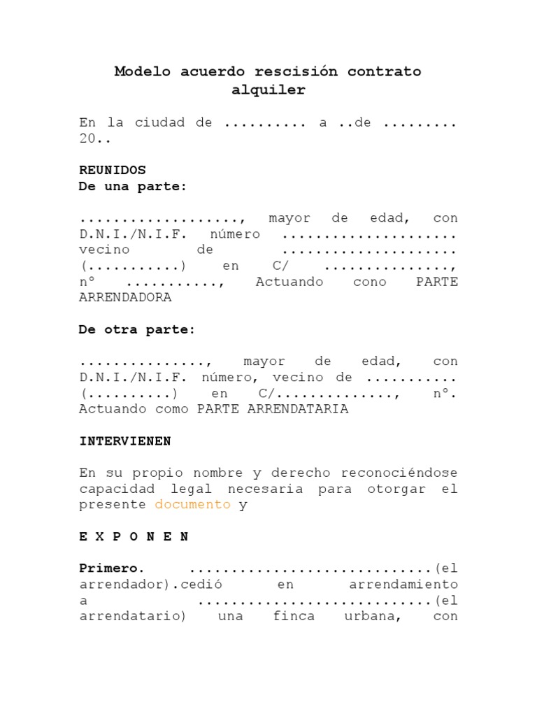 Modelo acuerdo rescisión contrato alquiler