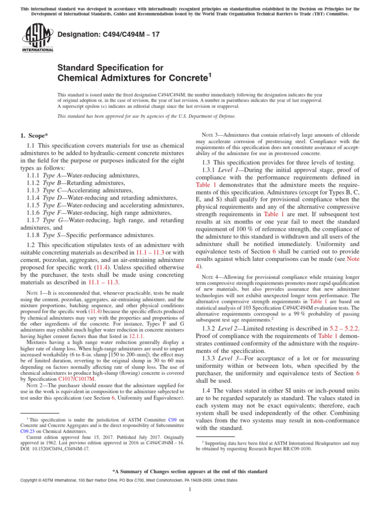 Chemical Admixtures for Concrete Standards | PDF | Concrete | Applied ...