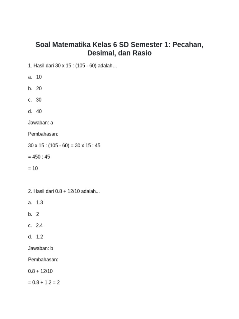 Soal Matematika Kelas 6: Pecahan & Desimal | PDF