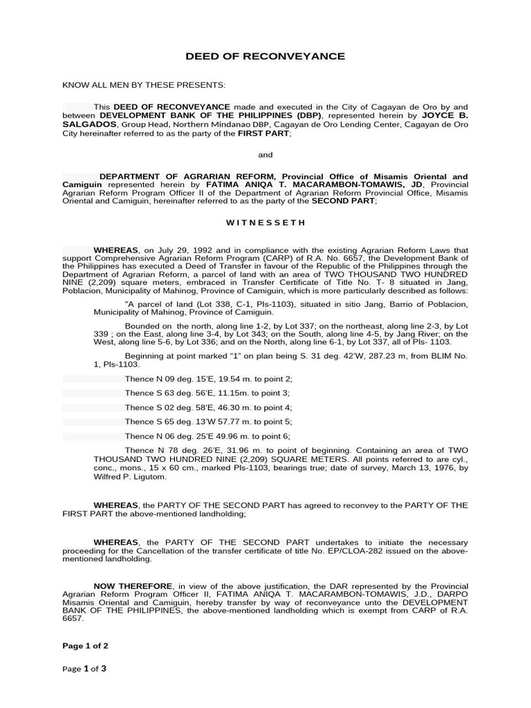 Deed of Reconveyance for Land Transfer | PDF | Economy Of The ...