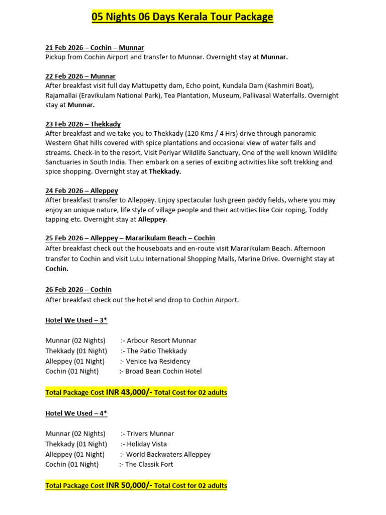 Kerala 6-Day Tour Package Details | PDF | Hospitality Industry