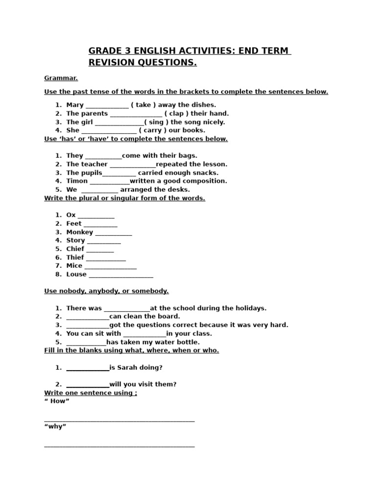 GRADE 3 ENGLISH ACTIVITIES(1) | PDF | Syntax | Grammar