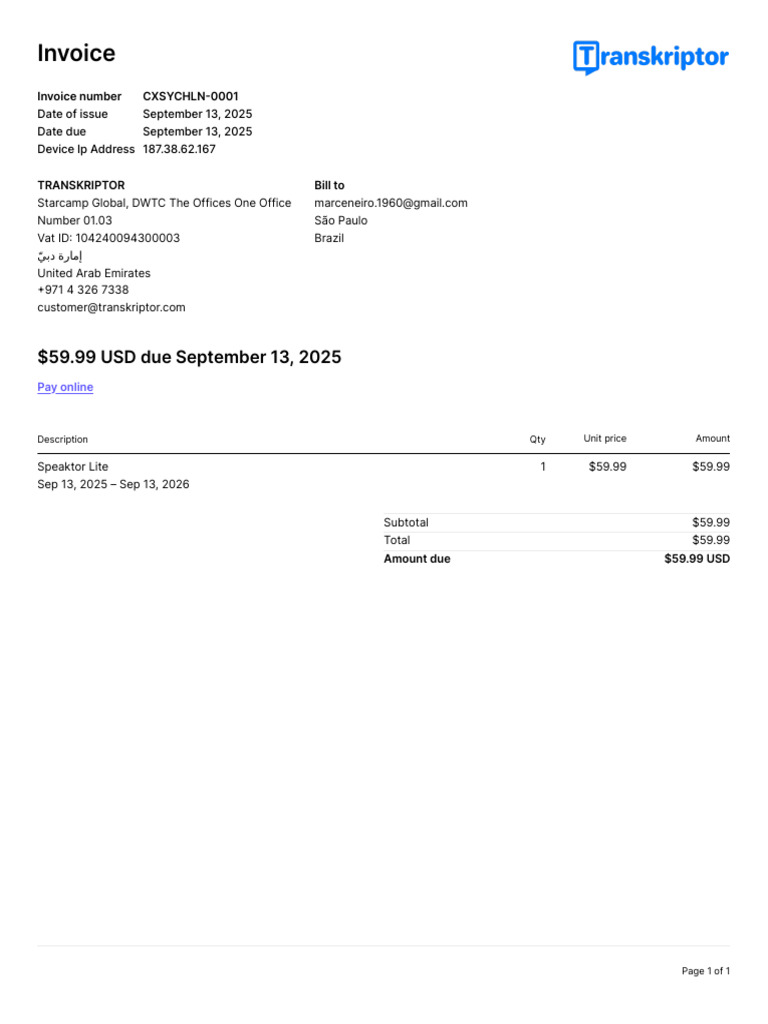 Invoice for Speaktor Lite Subscription | PDF