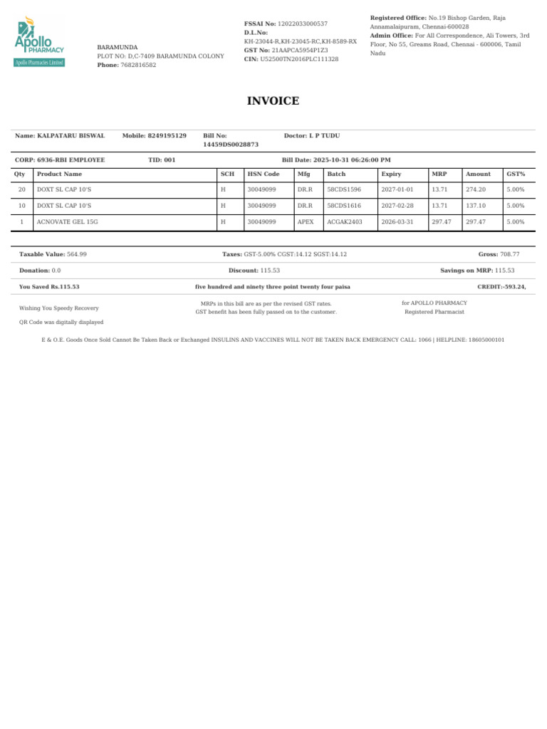 Invoice for Apollo Pharmacy Purchase | PDF | Government Finances ...