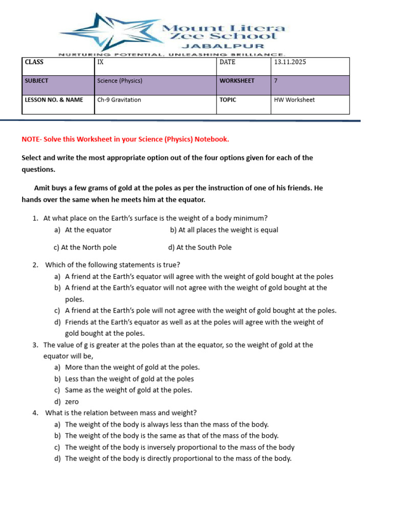 Physics Worksheet on Gravitation Concepts | PDF | Force | Buoyancy