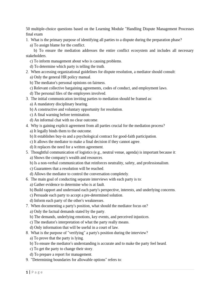 Dispute Management Exam Questions | PDF | Mediation | Social Psychology