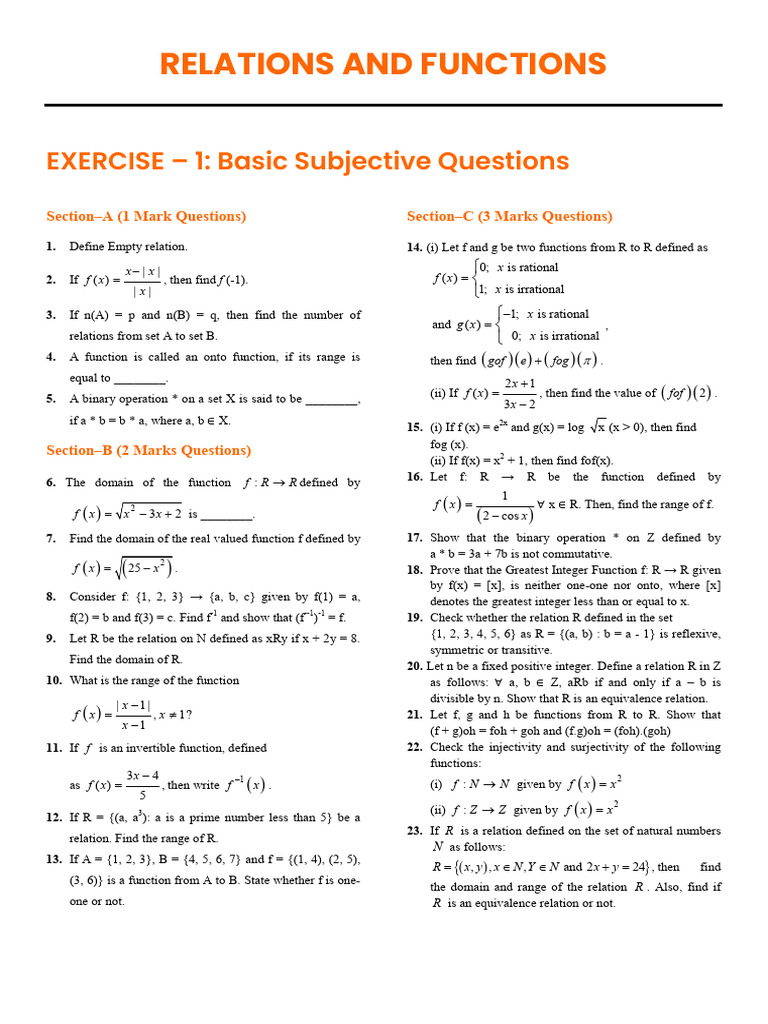 Basic Questions on Relations and Functions | PDF | Function ...