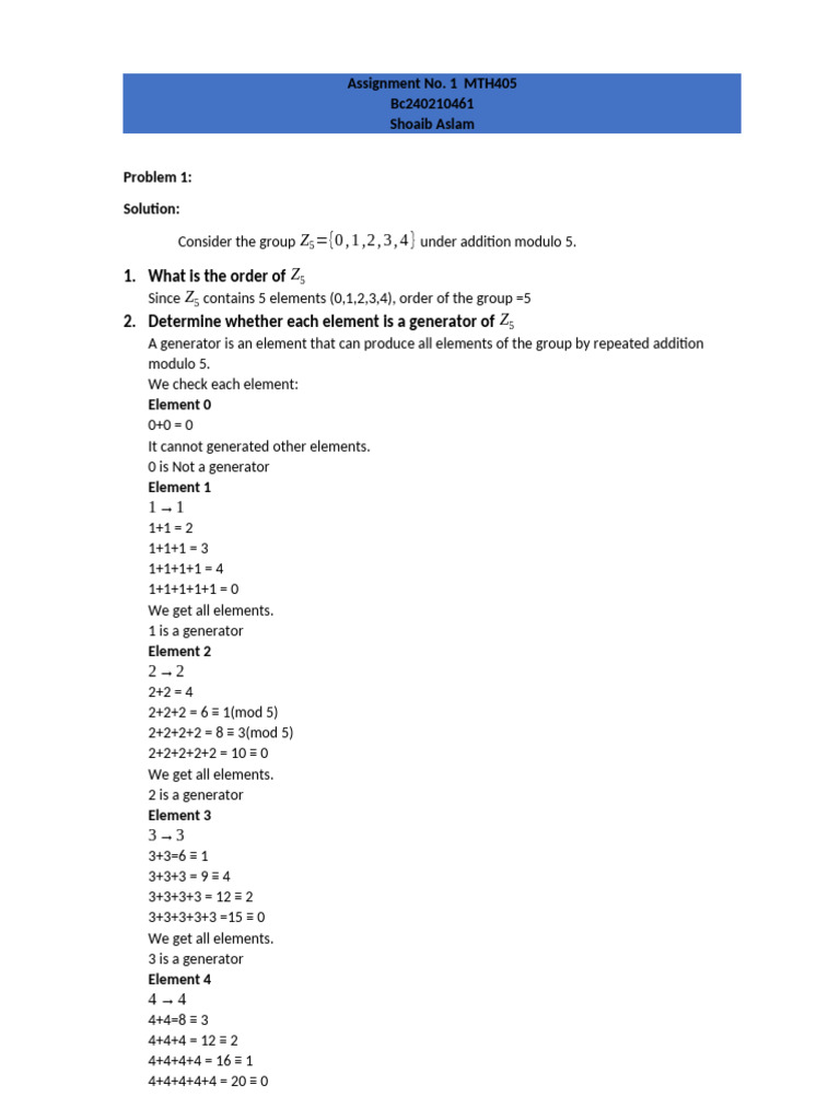Assignment MTH405 | PDF | Group (Mathematics) | Mathematical Concepts