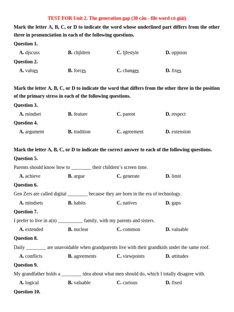 Generation Gap Test with Answers | PDF