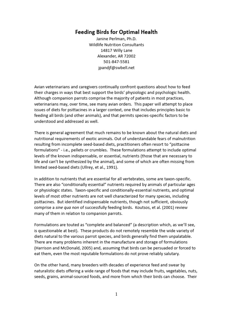 Feeding Birds For Optimal Health PDF Nutrition