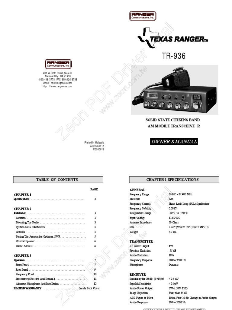 TR-936 Owner's Manual for CB Radio | PDF | Microphone | Antenna (Radio)