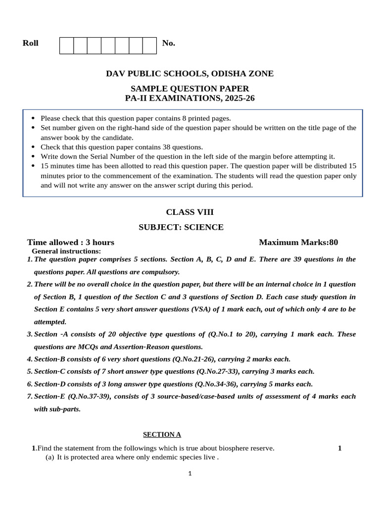 Class VIII Science Sample Paper 2025-26 | PDF | Force | Water