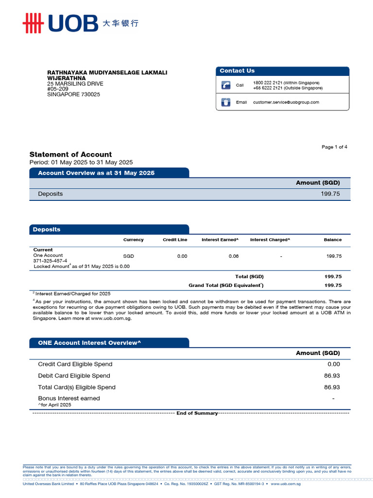 UOB Account Statement Overview | PDF | Debit Card | United States Dollar