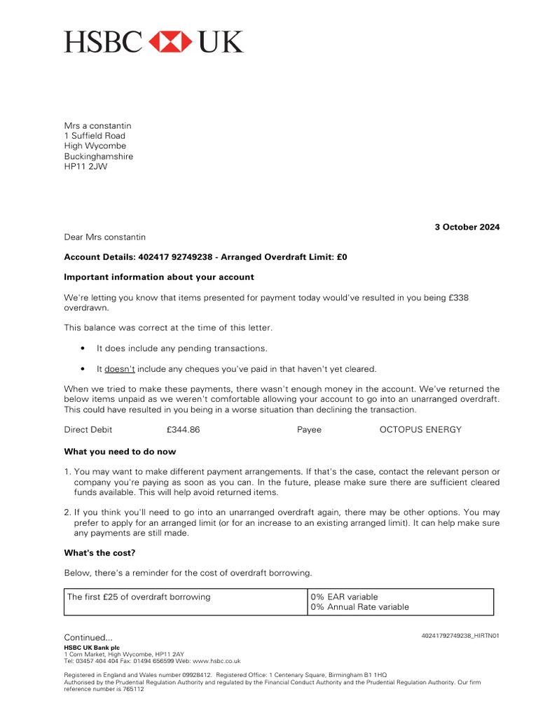 2024-10-05 - High Risk Return Letter | PDF | Overdraft | Financial Services