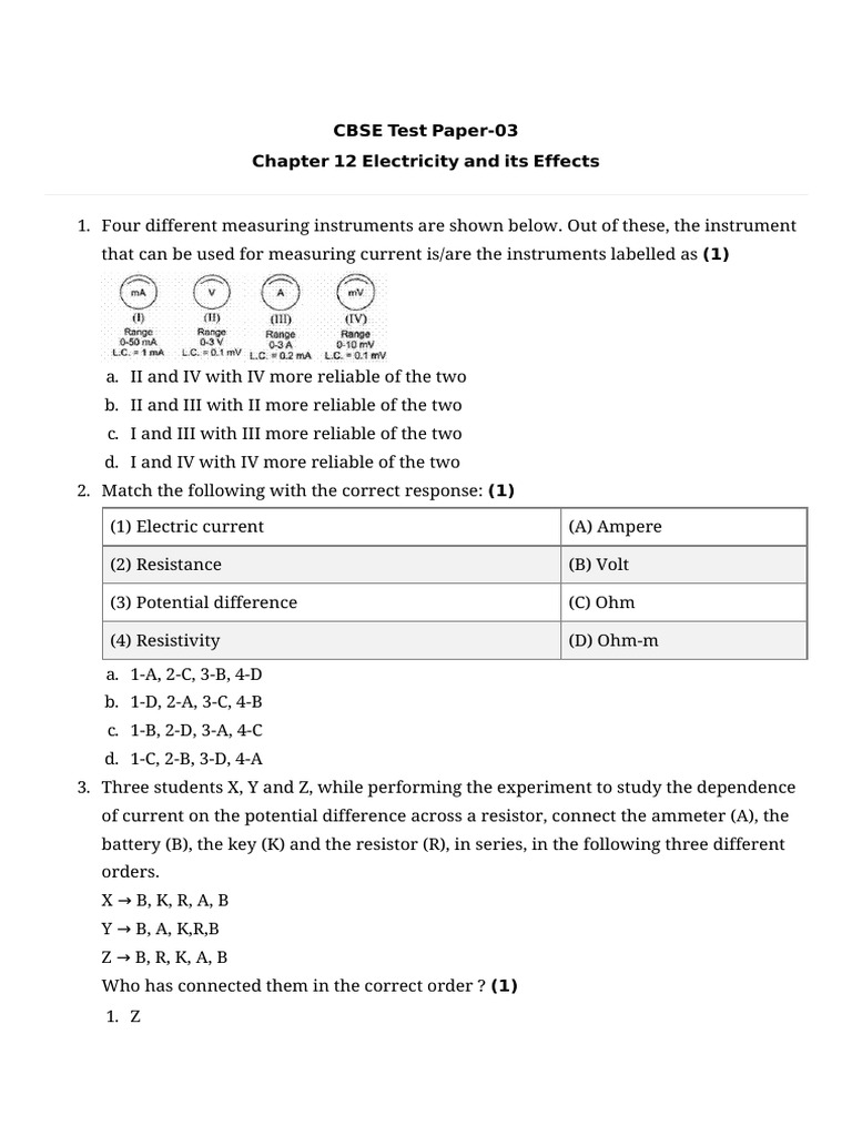 Chapter 12 Electricity and Its Effects Test Paper 03 | PDF | Series And ...