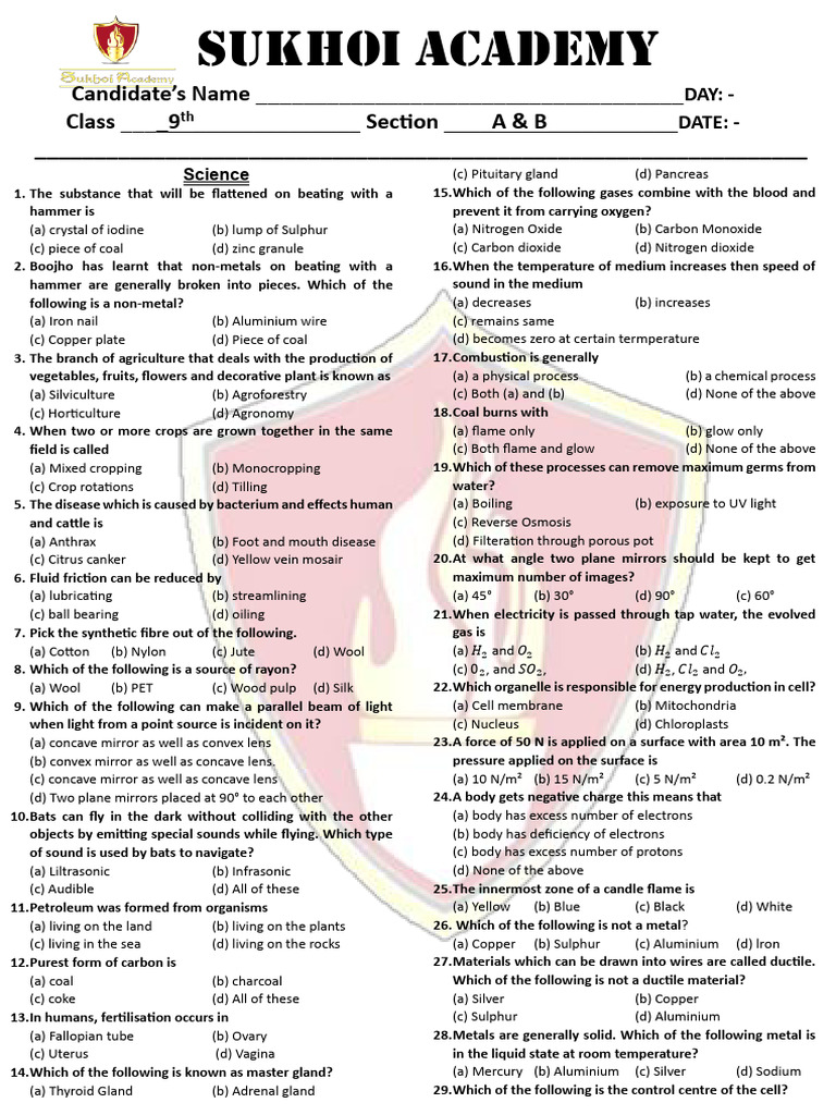 9th Grade Science & Math Practice Questions | PDF