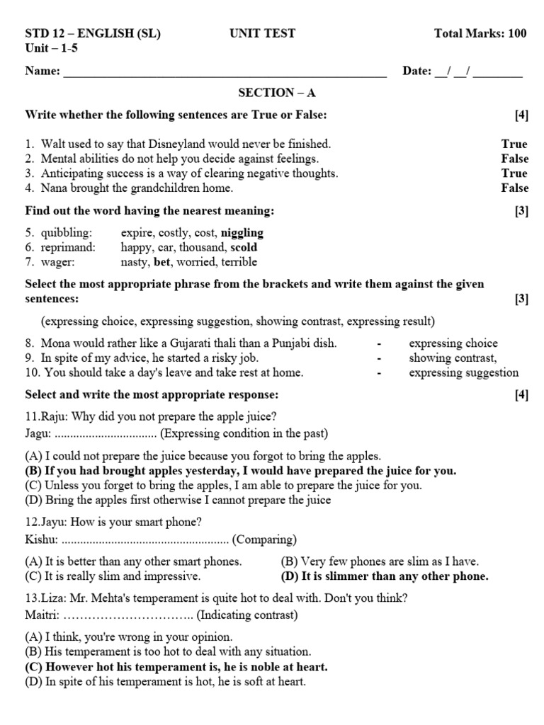 STD 12 English Unit Test Questions | PDF
