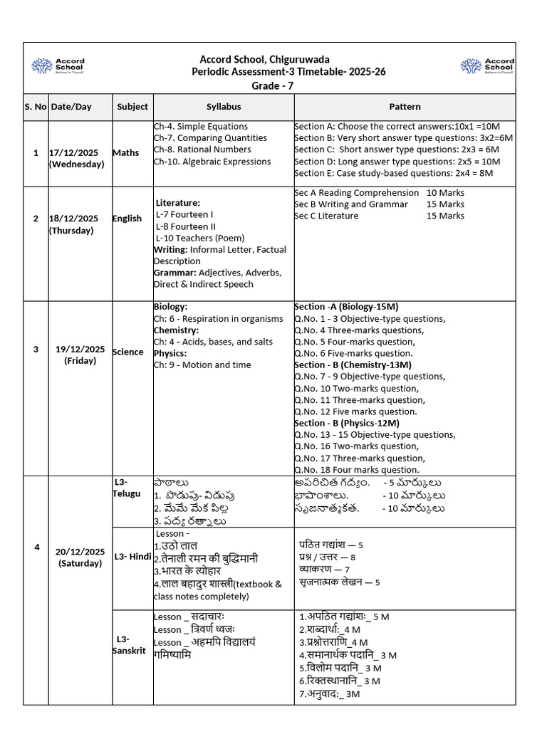 Grade 7 PA 3 Timetable and Syllabus 25-26 | PDF