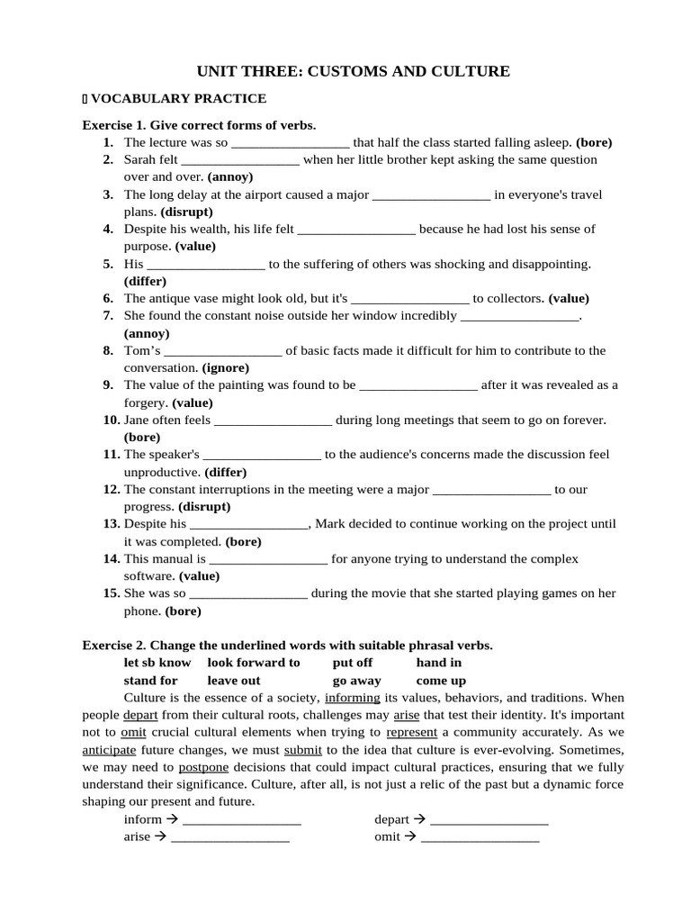Vocabulary and Culture Exercises | PDF | Traditions | Dogs