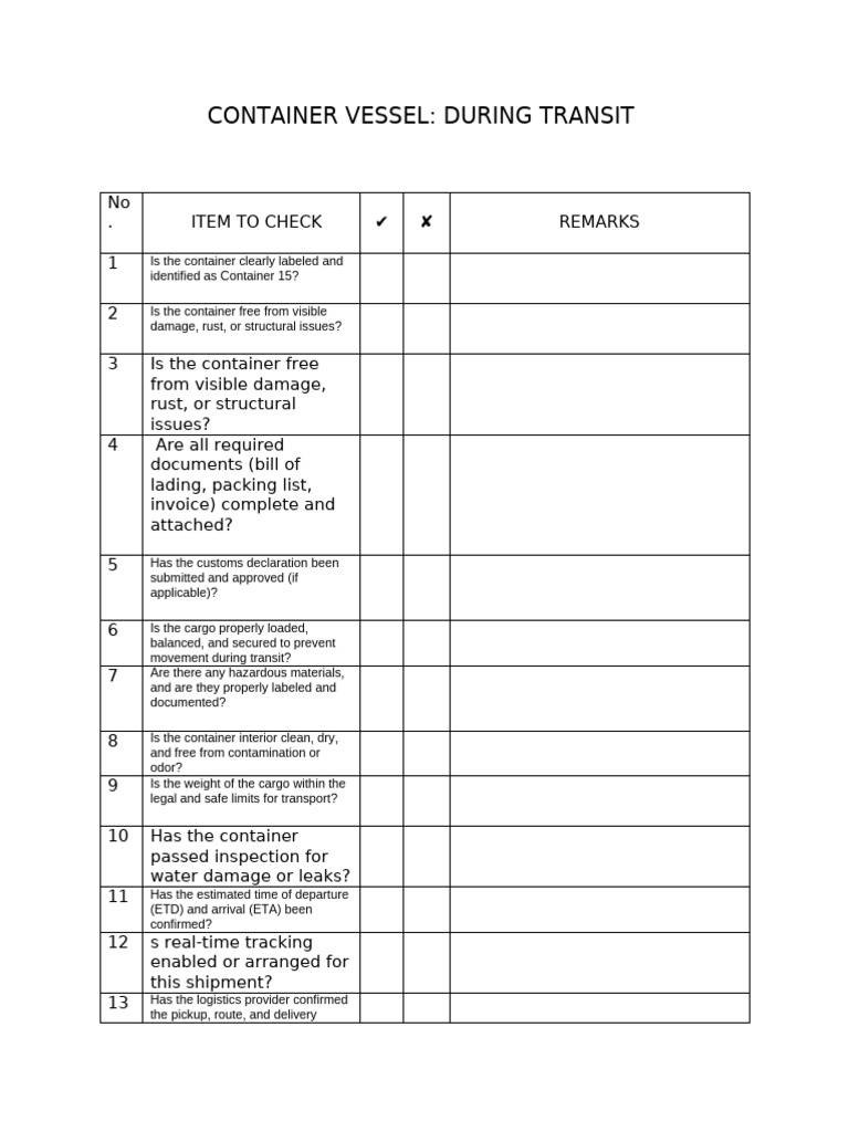 Container Vessel Transit Checklist | PDF